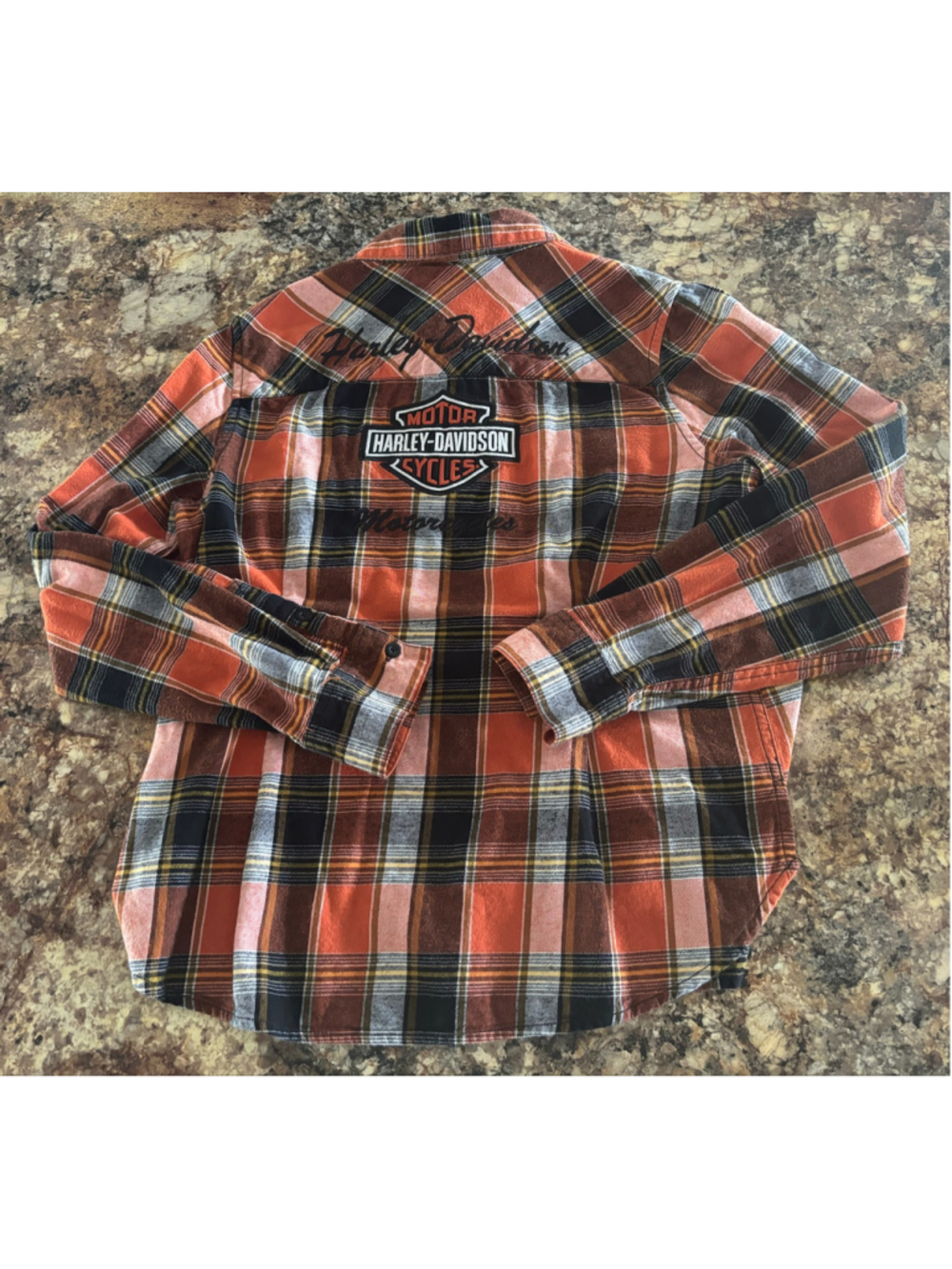 Harley-Davidson Women’s L Iconic Script Orange Plaid Flannel Embroidered Shirt